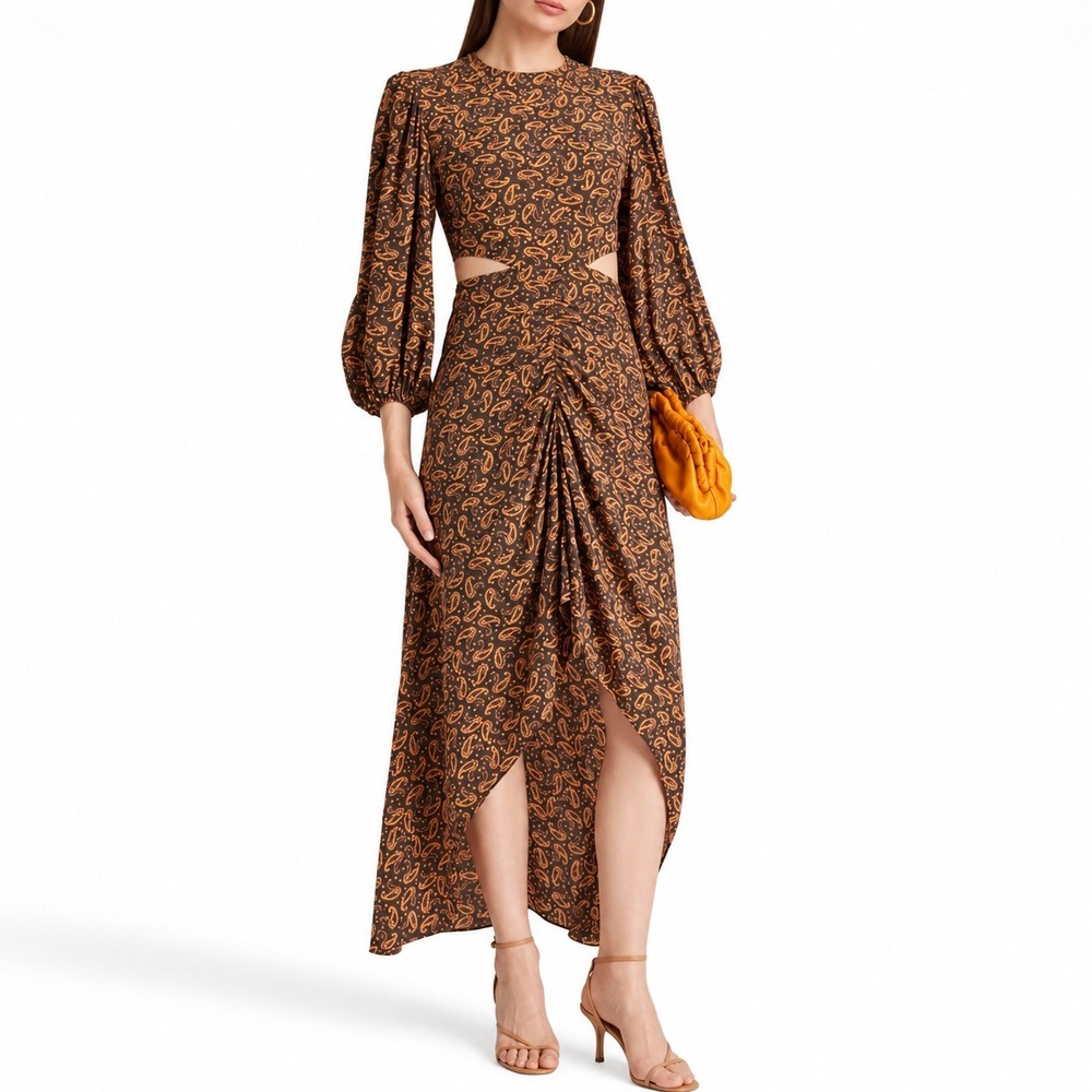 Maje Paisley Printed Viscose Silk Asymmetric Maxi Dress Cut Out Ruched Size 42